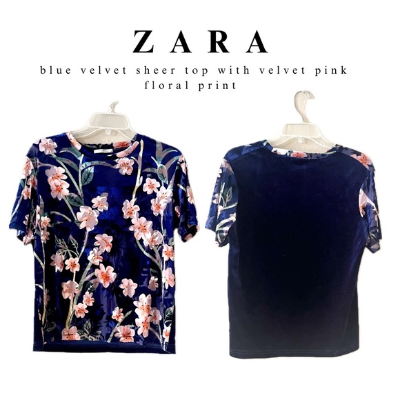 🆕 Zara • blue & pink floral print velvet short sleeve blouse top - Picture 5 of 16